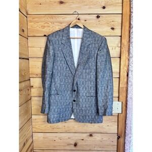 Vintage Grey Linen Blend Windowpane Blazer Sport Coat Mens 40 Tall Made n Canada